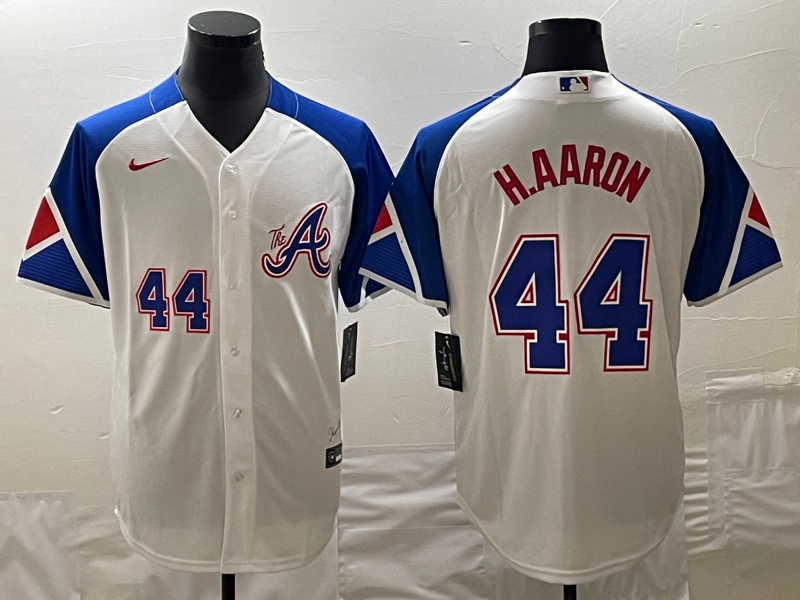 Men's White Atlanta Braves #44 Hank Aaron 2023 City Connect Cool Base With Patch Stitched Baseball Jersey